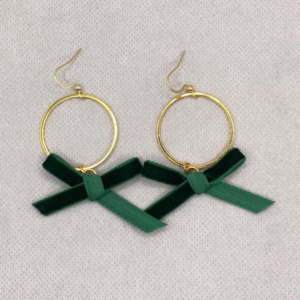 Gold and Green Hoop Earrings with Velvet Bows
